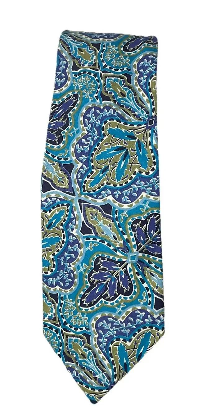 Liberty Of London Floral Mens Tie Cotton 80s 90s Vintage Blue Paisley Leaf Fine